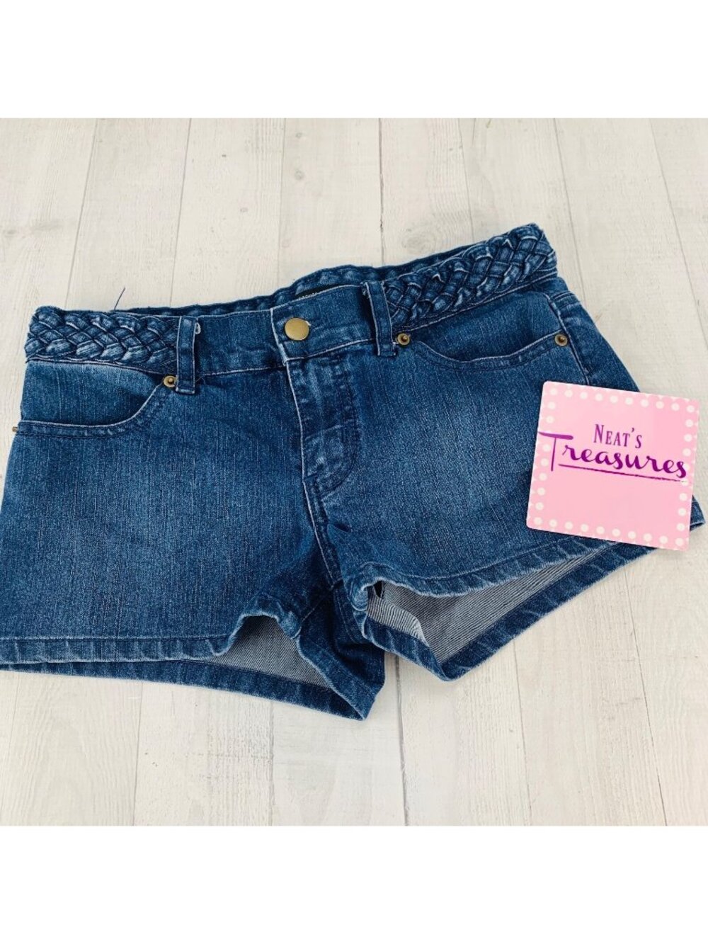 Forever 21 Womens Dark Wash Pockets Platted Band Denim Blue Jean Shorts Size 26
